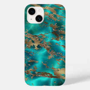 Elegante Teal Gouden Edelsteen Marmer Case-Mate iPhone 14 Hoesje