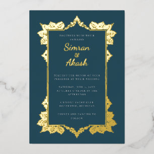 Elegante teal gouden folie Indische trouwuitnodigi Uitnodiging