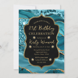 Elegante Teal & Gouden Glitter Agate 21e Verjaarda Kaart