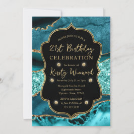 Elegante Teal & Gouden Glitter Agate 21e Verjaarda Kaart