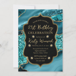 Elegante Teal & Gouden Glitter Agate 21e Verjaarda Kaart
