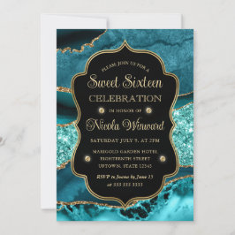 Elegante Teal & Gouden Glitter Agate Sweet Sixteen Kaart