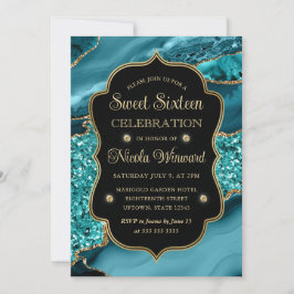 Elegante Teal & Gouden Glitter Agate Sweet Sixteen Kaart