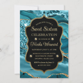 Elegante Teal & Gouden Glitter Agate Sweet Sixteen Kaart