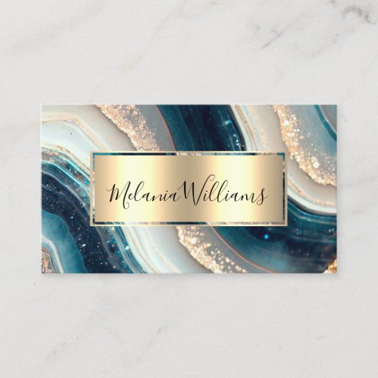 Elegante Teal Gouden Marmer Agaat Geode QR Code Visitekaartje (Voorkant)