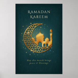 Elegante Teal & Gouden Moskee Halve Maan Ramadan Poster