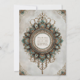 Elegante Teal Gouden Pauw Mandala Boho Bruiloft Kaart