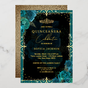 Elegante Teal Gouden Roos Quinceanera Folie Uitnodiging