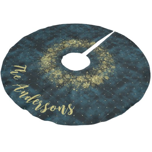 Elegante Teal Gouden Sneeuwvlokken Fluwelen Kerstm Kerstboom Rok (Gekanteld)