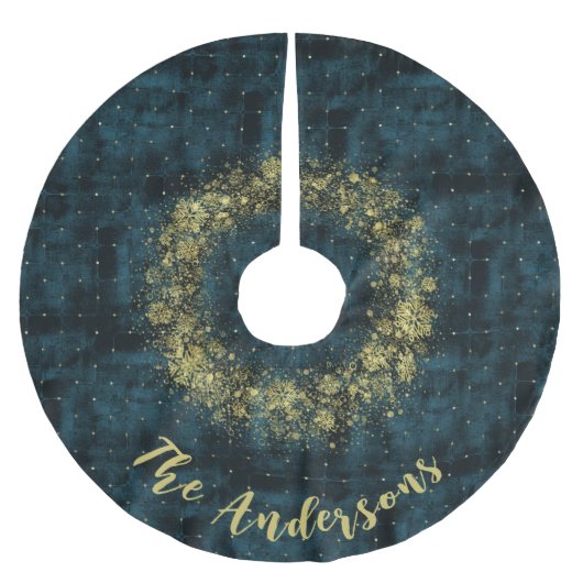 Elegante Teal Gouden Sneeuwvlokken Fluwelen Kerstm Kerstboom Rok (Voorkant)