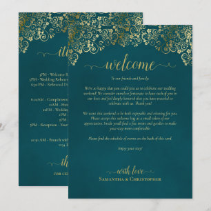 Elegante Teal & Gouden Trouw Welkom & Reisprogramm Programmakaart