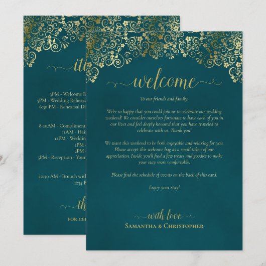 Elegante Teal & Gouden Trouw Welkom & Reisprogramm Programmakaart (Voorkant / Achterkant)