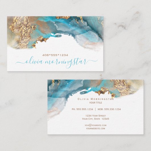 Elegante Teal Gouden Vloeibare Alcoholinkt Visitekaartje (Voorkant / Achterkant)