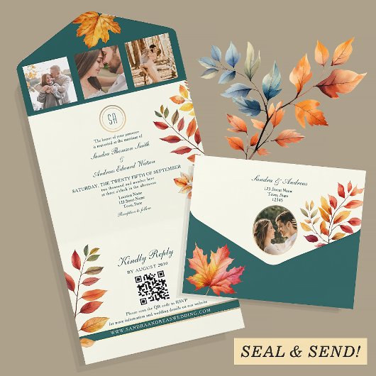 Elegante Teal Herfst Bruiloft All In One Uitnodiging