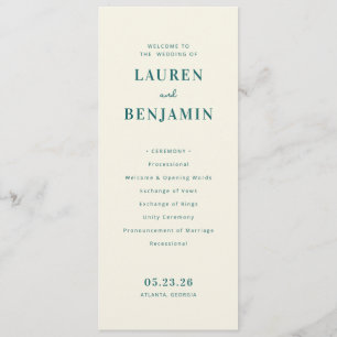 Elegante Teal Huwelijksceremonie Schema Programmakaart