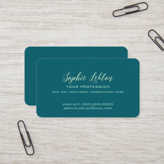 Elegante Teal Kaart met Script Naam Visitekaartje (Voorkant / Achterkant in situ)