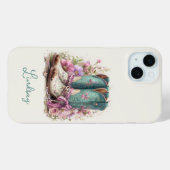 Elegante Teal Laarzen met Gebloemde Monogram Case-Mate iPhone Case (Achterkant (horizontaal))