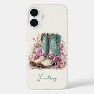 Elegante Teal Laarzen met Gebloemde Monogram iPhone 16 Hoesje