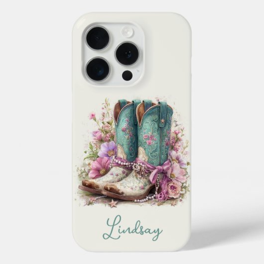Elegante Teal Laarzen met Gebloemde Monogram Case-Mate iPhone Case (Achterkant)