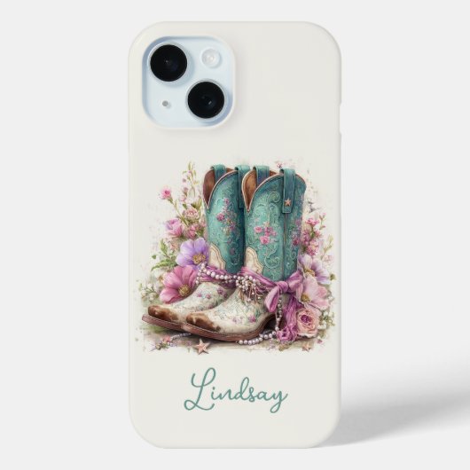 Elegante Teal Laarzen met Gebloemde Monogram Case-Mate iPhone Case (Achterkant)