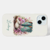 Elegante Teal Laarzen met Gebloemde Monogram Case-Mate iPhone Case (Achterkant (horizontaal))