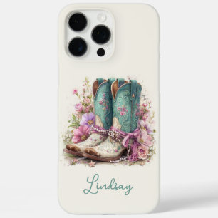 Elegante Teal Laarzen met Gebloemde Monogram iPhone 16 Pro Max Hoesje