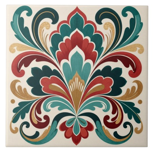 Elegante teal-rode sierbloem tegeltje (Voorkant)