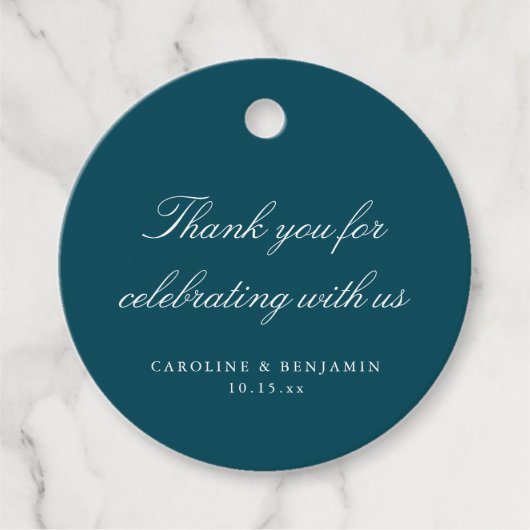 Elegante Teal Script Trouwdag Aangepaste Dankjewel Bedankjes Labels (Voorkant)