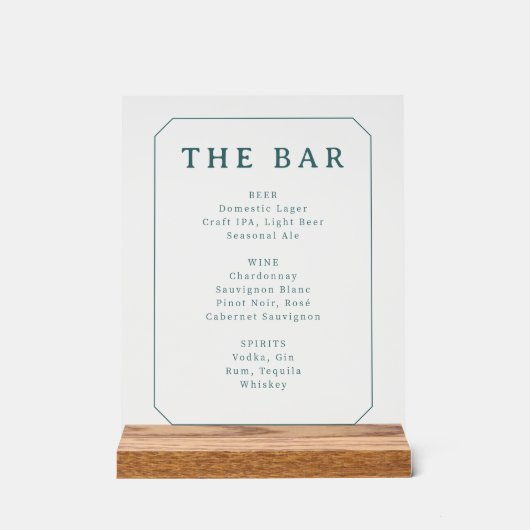 Elegante Teal Serif Bar Menu Acryl Bord (Voorkant)