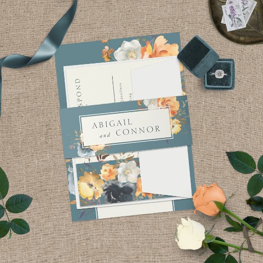 Elegante Teal Terracotta Navy Boho Bloem Uitnodigingen Wikkel