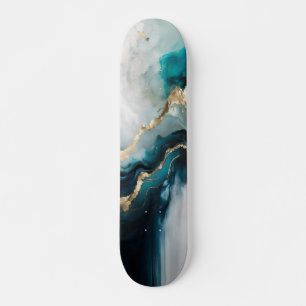 Elegante Teal Turquoise & Goud Marmer Steen Persoonlijk Skateboard