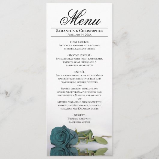 Elegante Teal Turquoise Roos Witte Achterkant Huwe Menu (Voorkant)