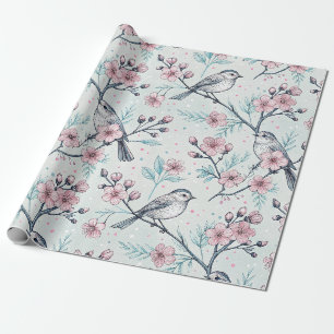 Elegante Teal Vogels Roze Kersenbloesem Cadeaupapier
