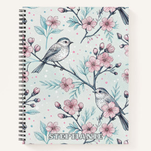 Elegante Teal Vogels Roze Kersenbloesem Notitieboek