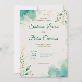 Elegante Teal Watercolor Botanische Gouden Bruilof Kaart
