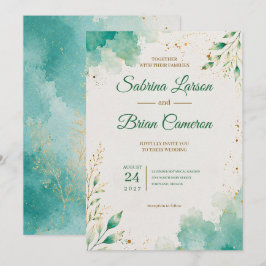Elegante Teal Watercolor Botanische Gouden Bruilof Kaart