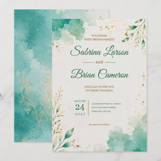 Elegante Teal Watercolor Botanische Gouden Bruilof Kaart