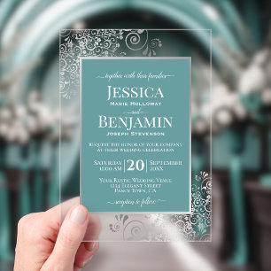 Elegante Teal & Zilver Stijlvolle Tekst Glamour Br Acryl Uitnodigingen