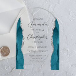 Elegante Teal Zilveren Agate Script Boog Bruiloft Acryl Uitnodigingen