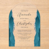 Elegante Teal Zilveren Agate Script Boog Bruiloft Acryl Uitnodigingen (Voorkant)