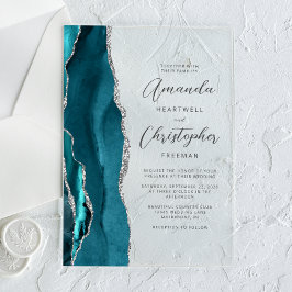 Elegante Teal Zilveren Agate Script Trouw Acryl Uitnodigingen