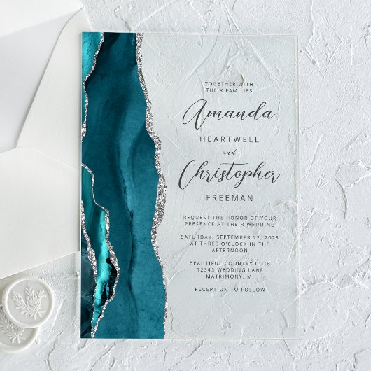 Elegante Teal Zilveren Agate Script Trouw Acryl Uitnodigingen