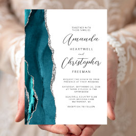 Elegante Teal Zilveren Agate Script Trouw Kaart
