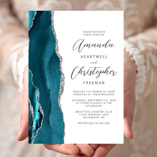 Elegante Teal Zilveren Agate Script Trouw Kaart
