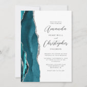 Elegante Teal Zilveren Agate Script Trouw Kaart (Voorkant)