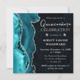 Elegante Teal Zilveren Glitter Agate Quinceanera Kaart