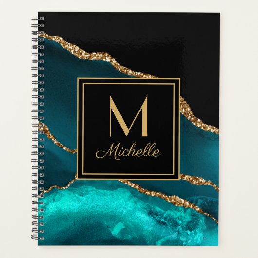 Elegante Teal Zwart Goud Marmer Monogram Planner (Voorkant)