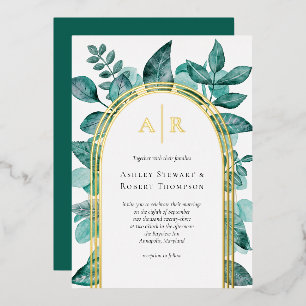 Elegante Tealgroen Waterverf Bruiloft Goud Folie Uitnodiging