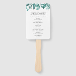 Elegante Tealgroene Bladeren Huwelijksceremonie Handwaaier