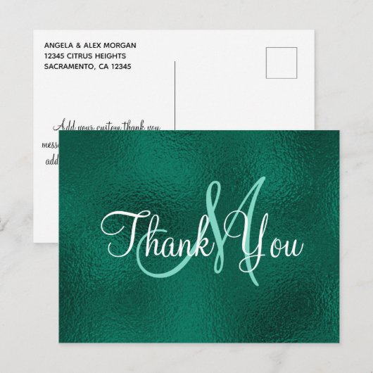 Elegante tealgroene neppool monogram dank je wel briefkaart (Voorkant / Achterkant)